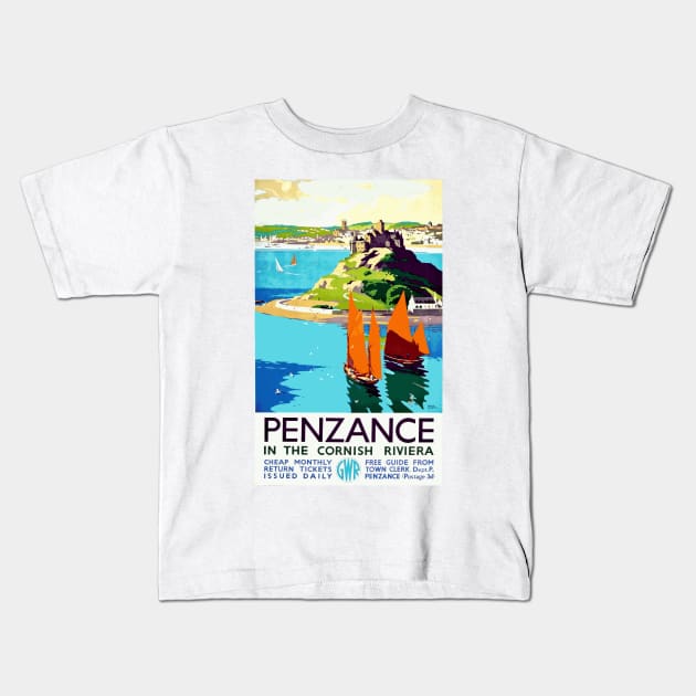 Penzance in the Cornish Riviera - Vintage British Travel Poster Art Kids T-Shirt by Naves